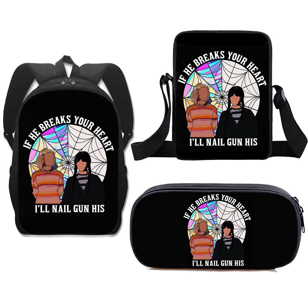 3pcs Wednesday The Adams Family Backpack+shoulder Bag+pencil Case Set Kids Gift