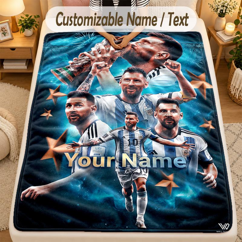 Flannel BlanketLionel Messi Custom Name Text Personalized Soft Warm Throw Blanket Home Decor Gift