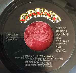 

7inch Record JEFFERSON STARSHIP - Find Your Way Back JH12211 Grunt 1981 US Rock Used