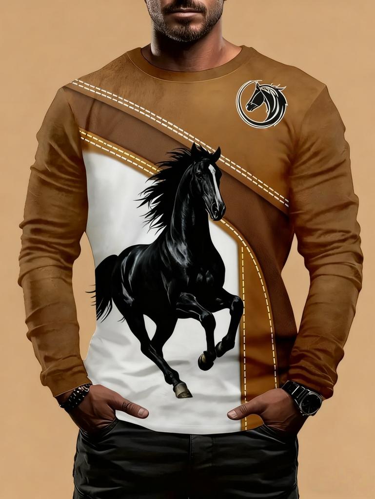 Men's T-Shirt Running Horse Graphic 3D Print Fashion Long Sleeve Crew Neck Unisex Tee Shirt Casual Summer Personality Men's Top