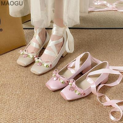 French Fashion Satin Ballet Shoes Women's Cross-tie Thick Heel Shallow Mary Janes Bowknot Floral Decors Ladies Pumps Elegant