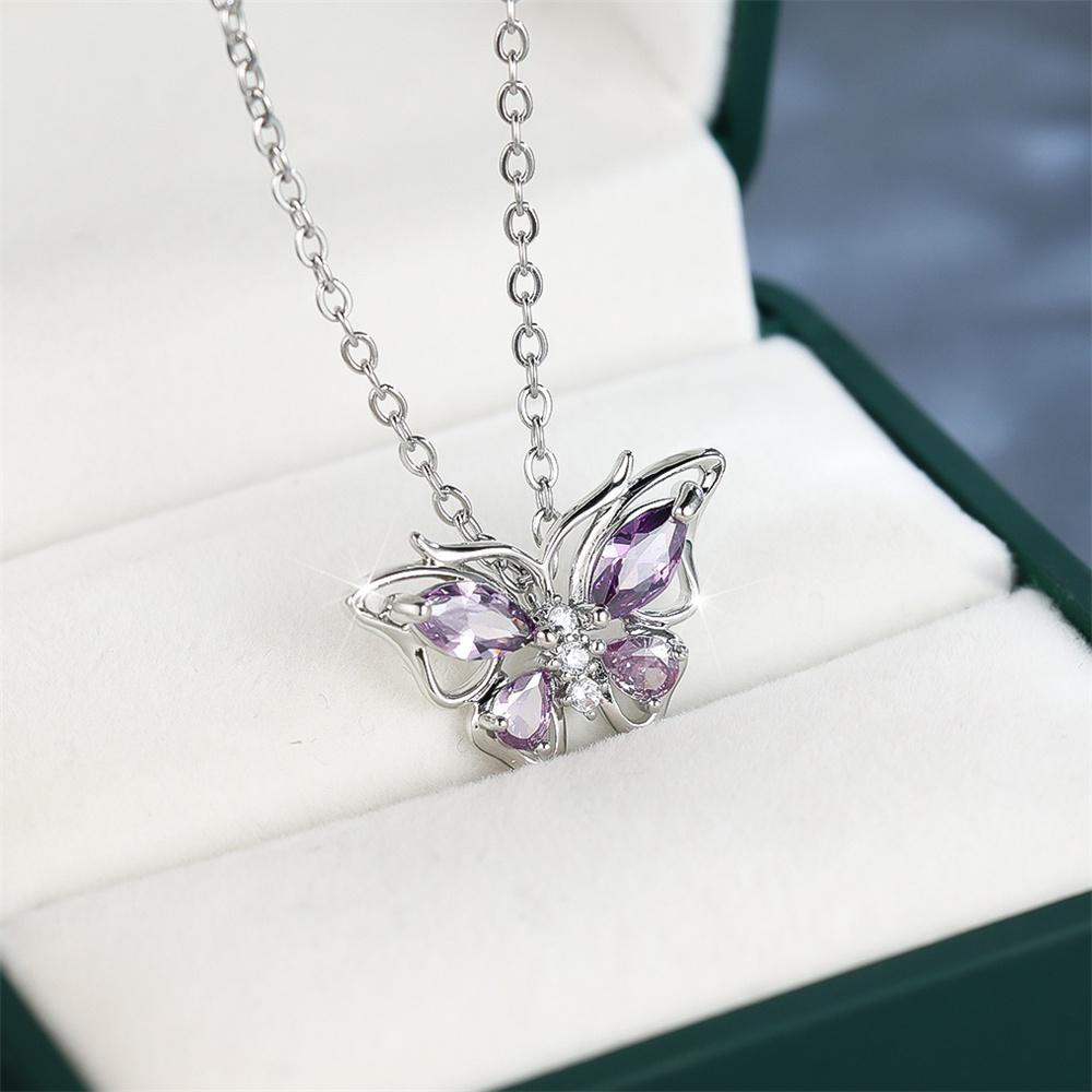 Female Crystal Zircon Purple Stone Butterfly Pendant Necklace Vintage Silver Color Wedding  For Women