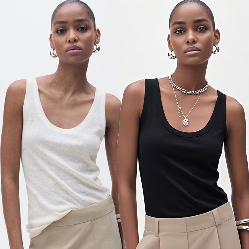 Linen French style UK Spaghetti Strap Cotton Top Cami Sexy White U Collar Thread Export Brown