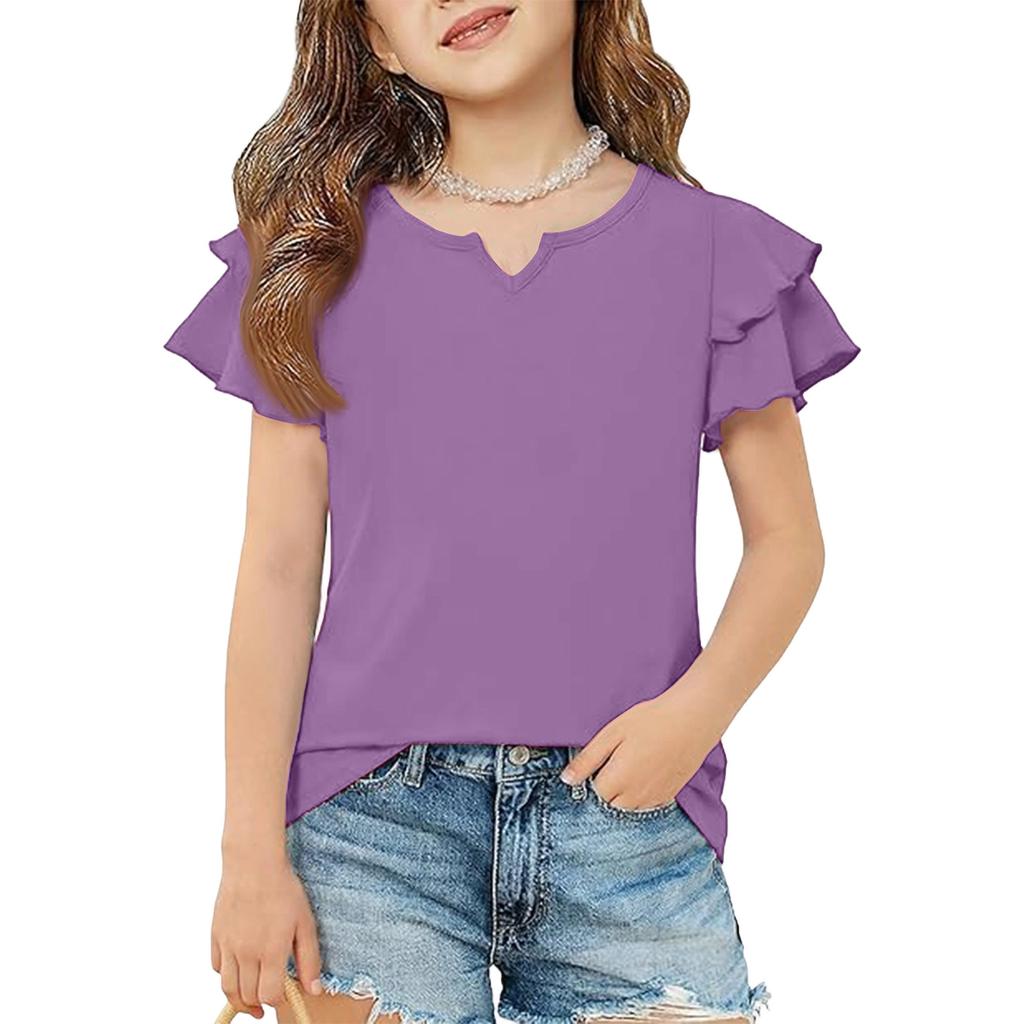 Girls' V-Neck Ruffle Tee - Short Sleeve Summer Blouse