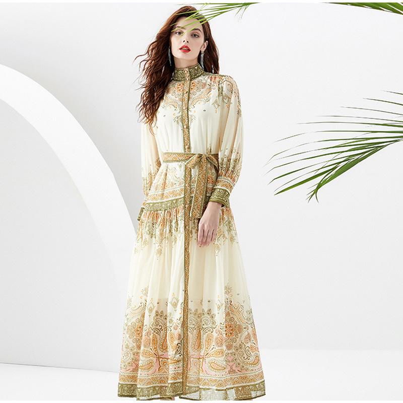 Spring New Style Women's Retro Vacation Style Stand-up Collar Lantern Sleeve Long Skirt Printed Dress Fashion Trend Beach Style Long Dress
