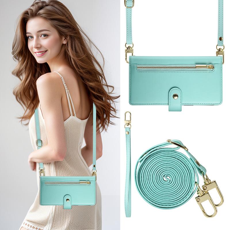 For Samsung S24FE flip phone leather case zipper card samsung protective case long rope crossbody