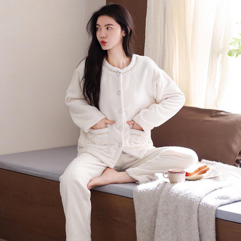Coral fleece pajamas women's new cardigan round neck fleece thickened winter flannel can be worn outside loungewear set