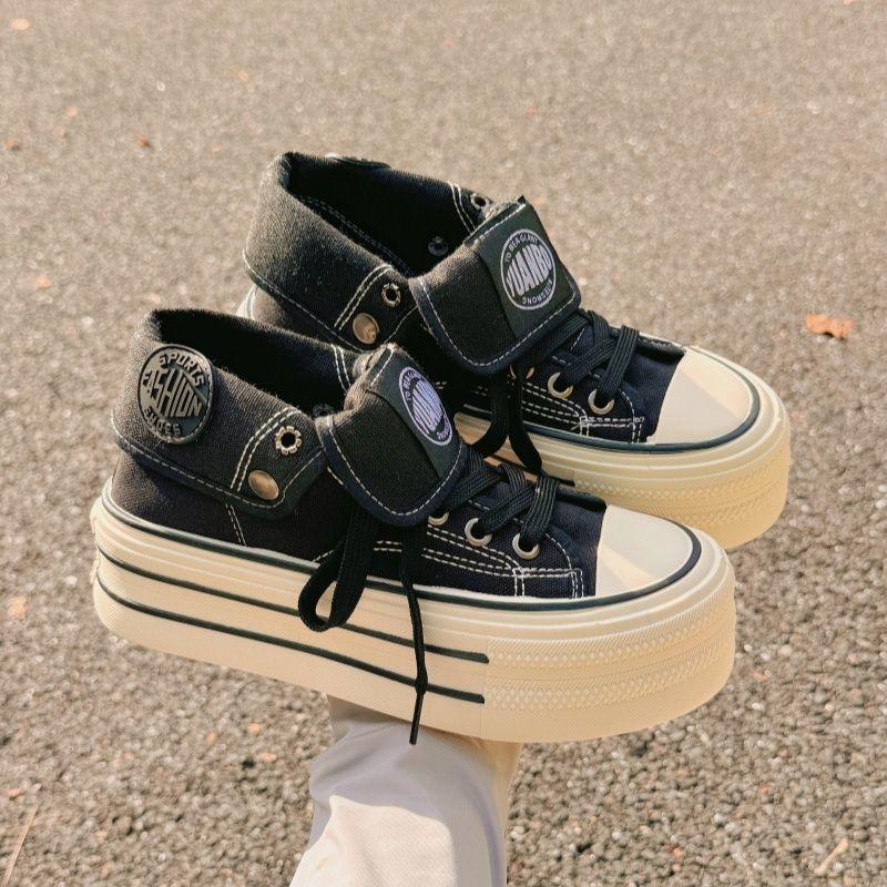 Original Black Platform Versatile High-top Canvas Shoes Female Ins Student Party Comfortable Casual Shoes Retro Wear-resistant Board Shoes