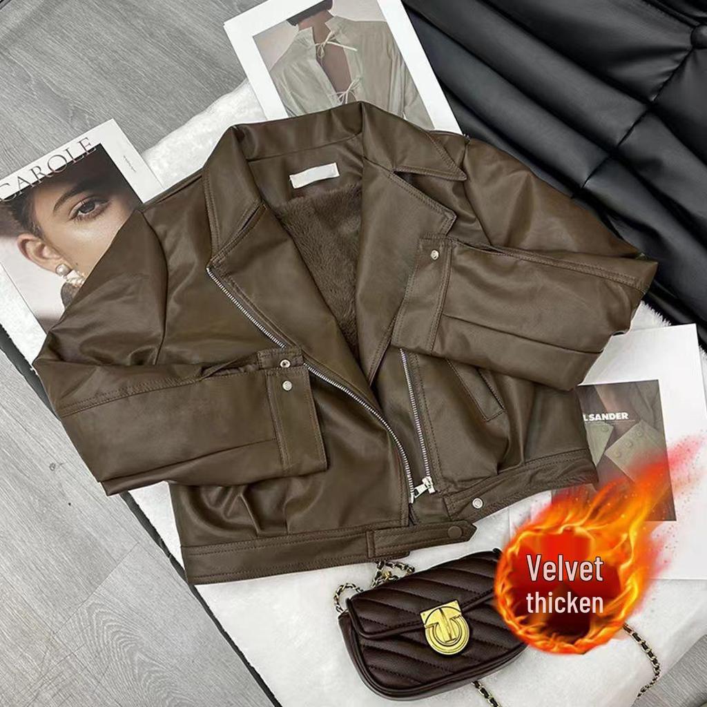 Women's European Style PU Leather Jacket with Velvet, Autumn Lapel Slimming Design