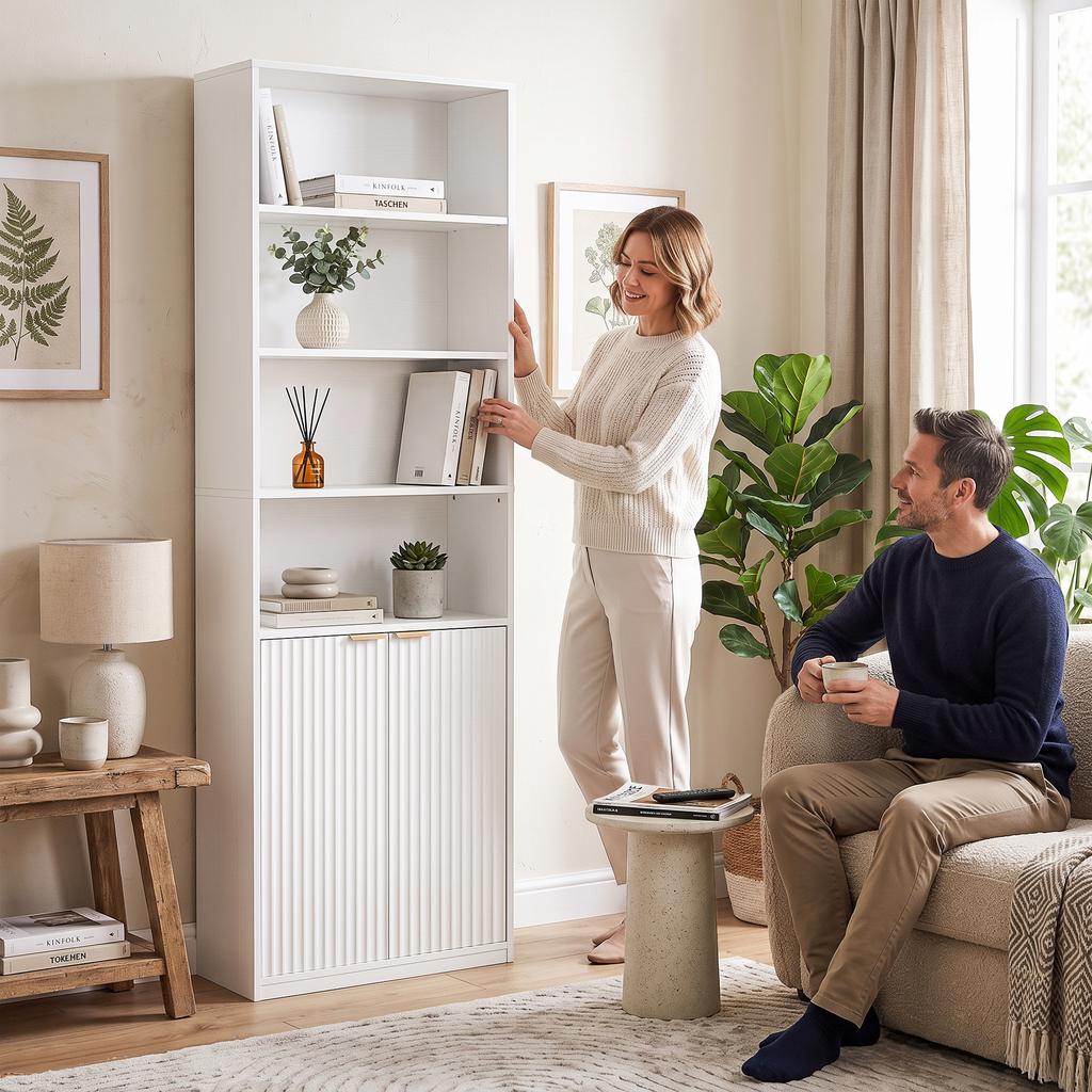 Bookshelf, 6-Tier, 60 x 24 x 182 cm, 4 Open Compartments, 2 Doors, White
