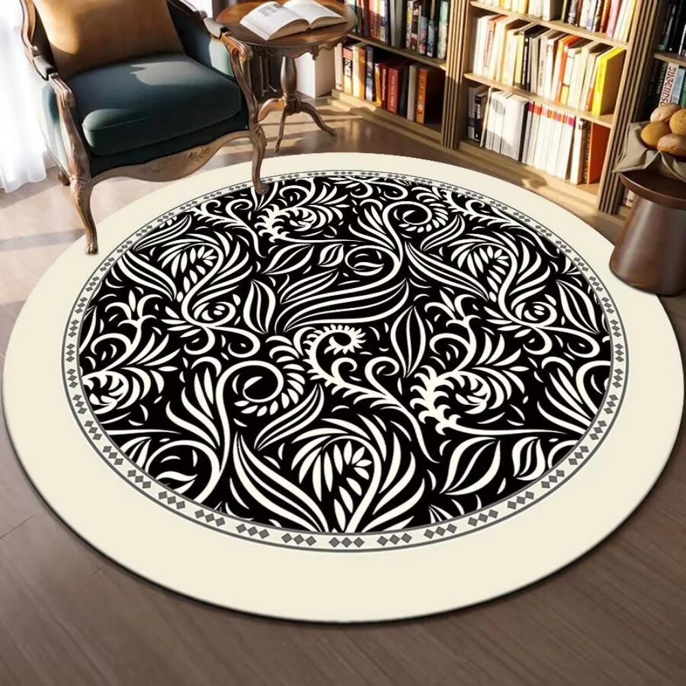

Elegance Black White Floral Round Rug Girls Living Room Sofa Rug Decor Bedroom Bedside Soft Rug Coffee Table Reading Yoga Mat 60cm