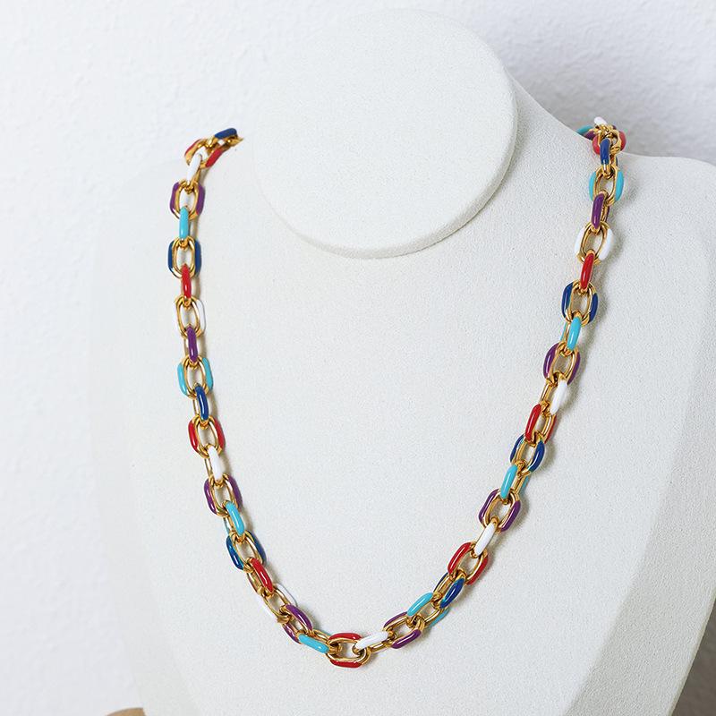 Colourful Enamel Necklace Bracelet For Women Stainless Steel 18K Gold Plated Waterproof Women's Neck Chain Bracelets Zircon Set