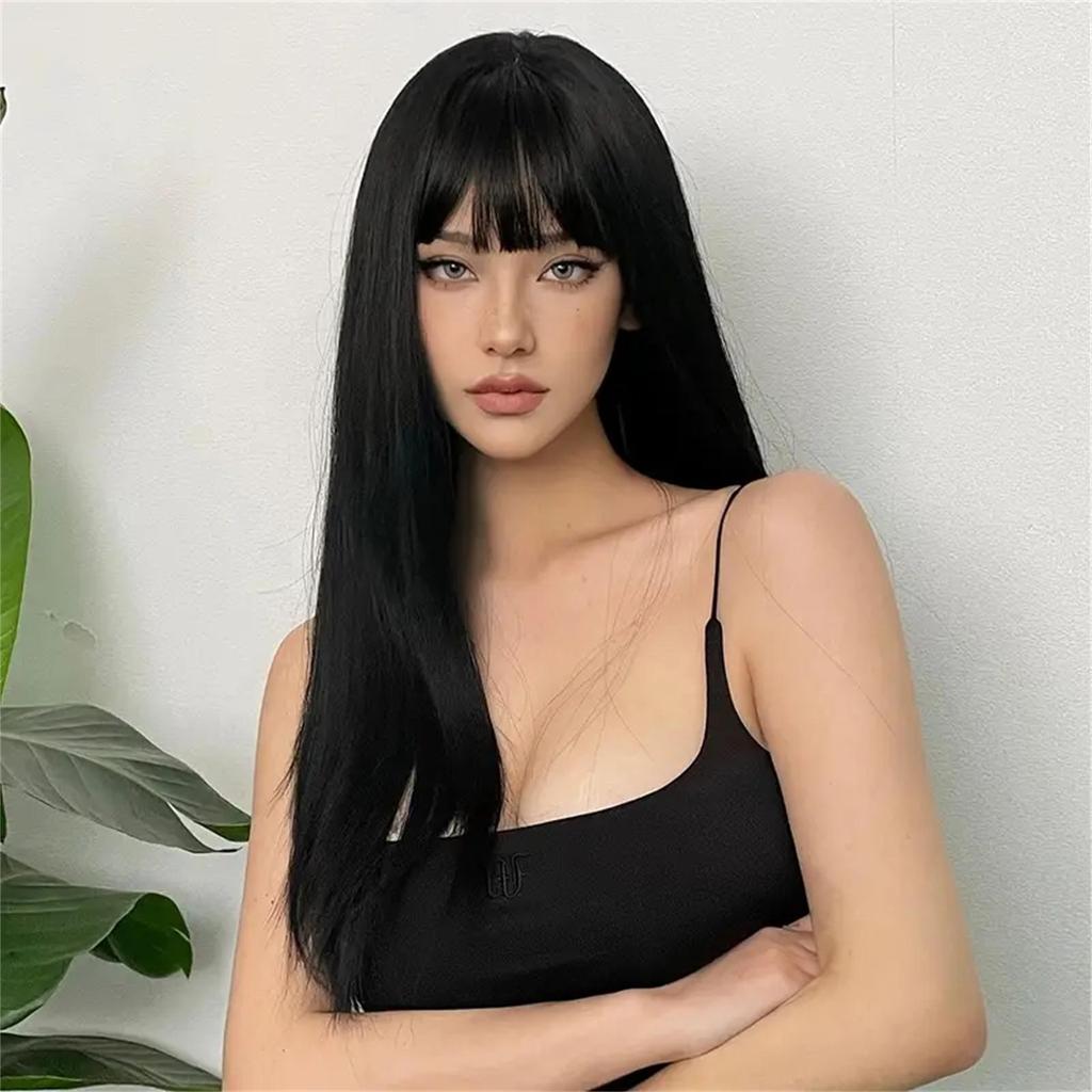 ALAN EATON Women's Black Wigs Long Straight Synthetic Wigs with Bangs Daily Party Cosplay Heat Resistant Fiber Smooth Natural