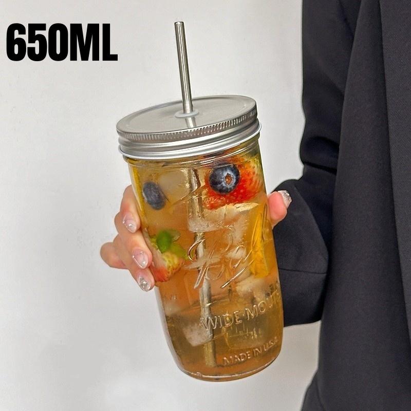 Ins Style Clear Glass Cup With Straw Lid Large Capacity Heat Resistance Boba Milk Tea Glasses Coffee Mug Juice Cold Drink Cup