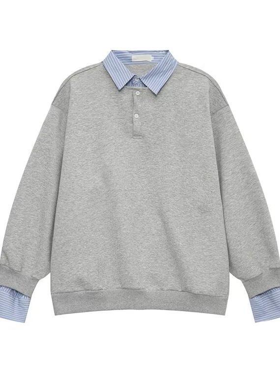 Men's Color-Block Polo Sweatshirt: Fake Two-Piece, Loose Fit, Long Sleeve, Lapel Design, Spring/Autumn Casual Versatile Top.