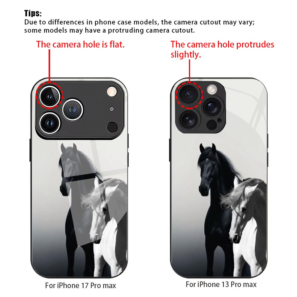 Horse Pattern Tempered Glass Phone Case Suitable for iPhone 17 16 15 14 13 12 11Pro/Max/Plus Anti Drop and Shockproof Back Cover
