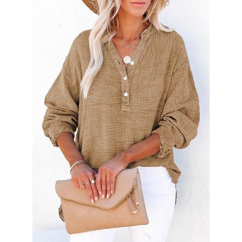 IHUASU Women's Fashion Casual Solid Color Print Long Sleeve V Neck Blouses & Shirts