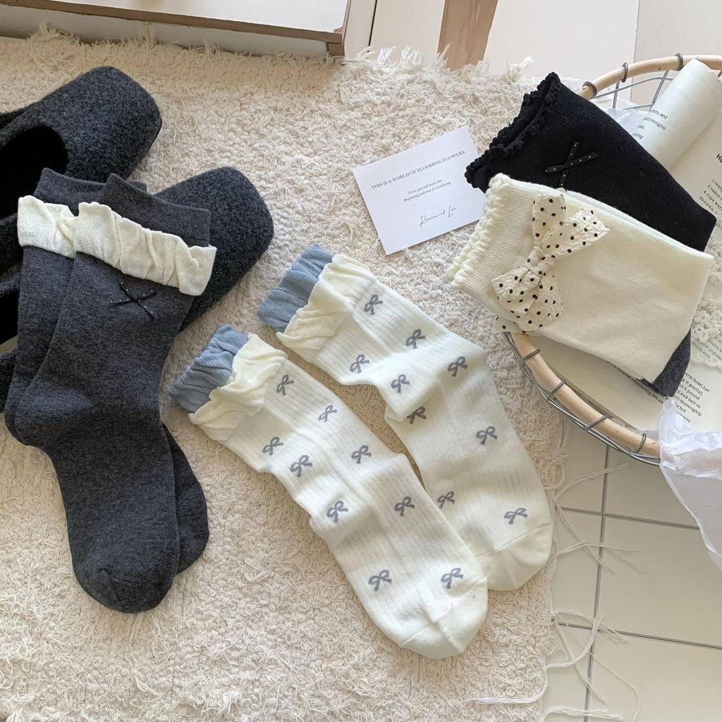 Flower Socks Women'S Autumn Sweet Double Bow Medium Tube Socks Color Matching Lace Stacking Socks