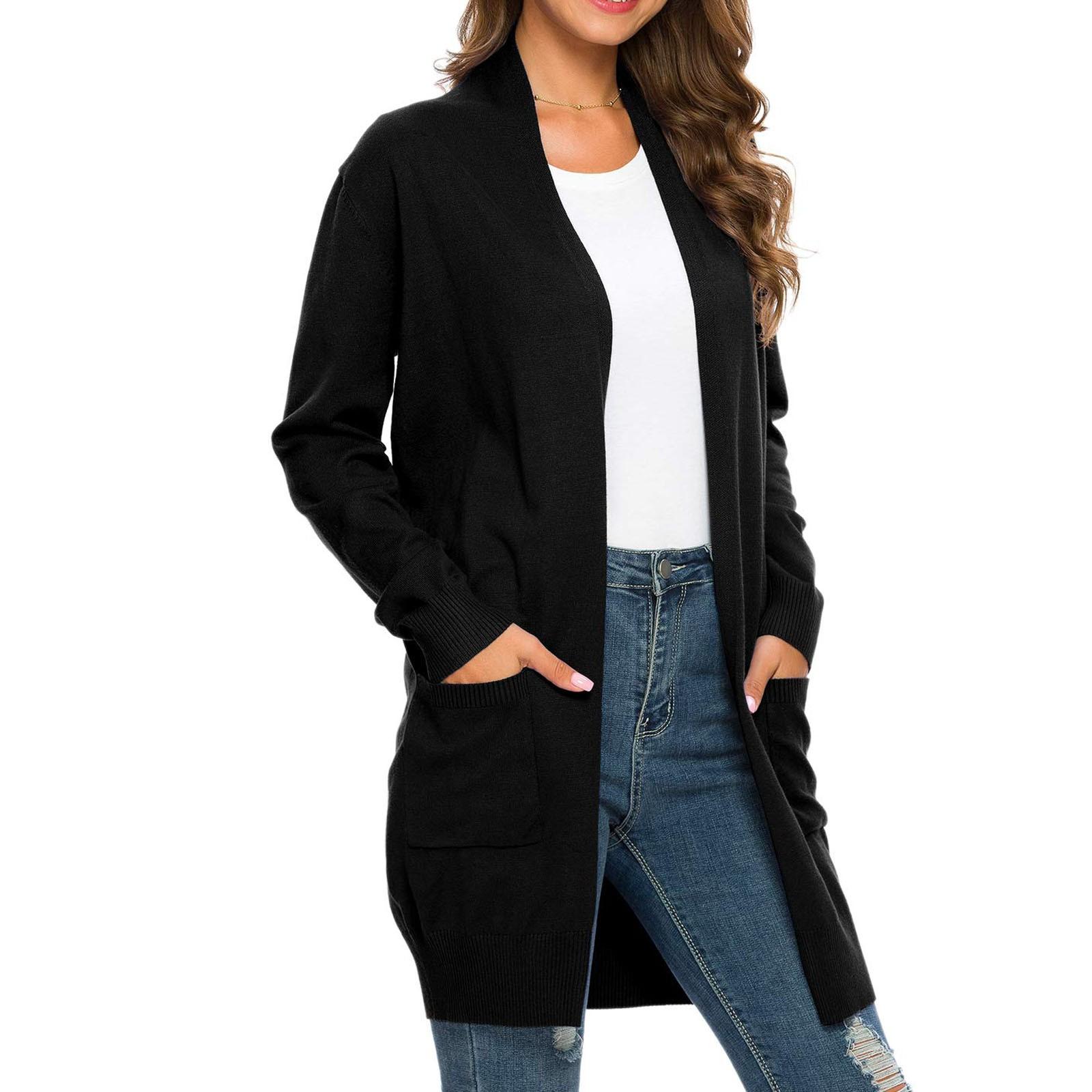 Women Open Front Long Knit Cardigan Sweater With Pockets M