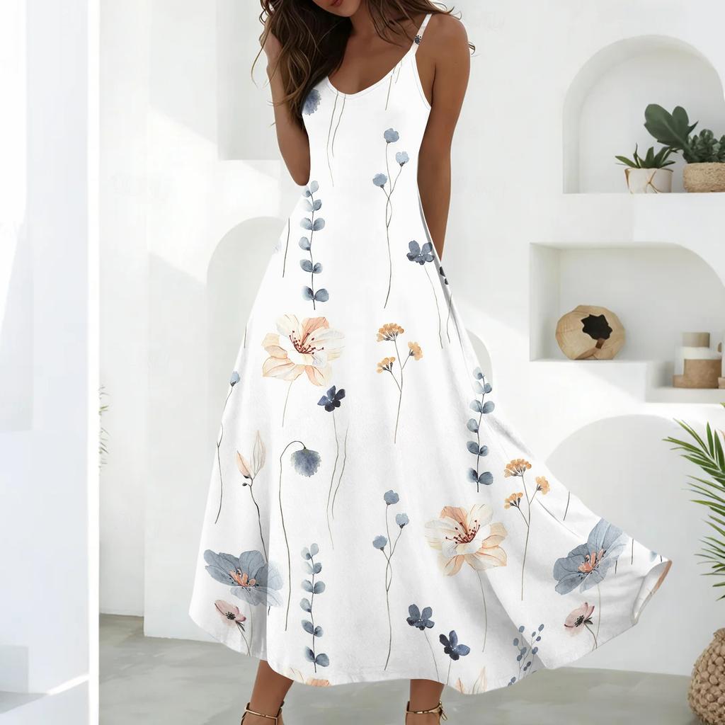 Women’s Sleeveless V Neck Maxi Dress Summer Geometric Floral Print Loose Fit Long Dress with Adjustable Straps