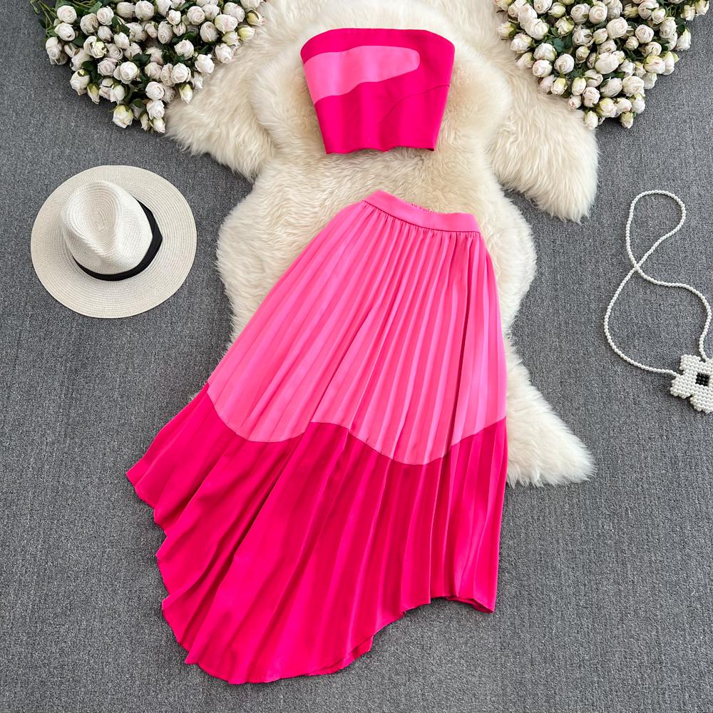 Fashion Suit Women's Strapless Tube Top Top Two-Piece High Waist Drape Irregular Pleated Skirt