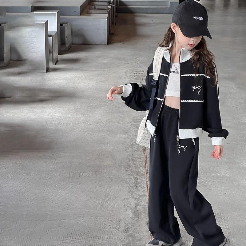 Fashionable Girls Casual Suit Spring New Korean Style Casual Cardigan Jacket Wide Leg Pants Fashion Two-piece Set For Older Children