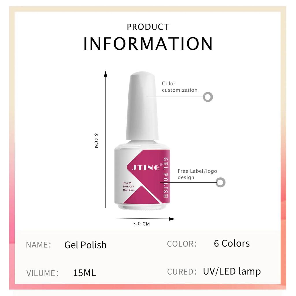 JTING 15ml 6PCS/box Soak off UV LED Colors Nail Gel Polish OEM Customized Private Label Enamel Gel Nail Polish Varnish Set