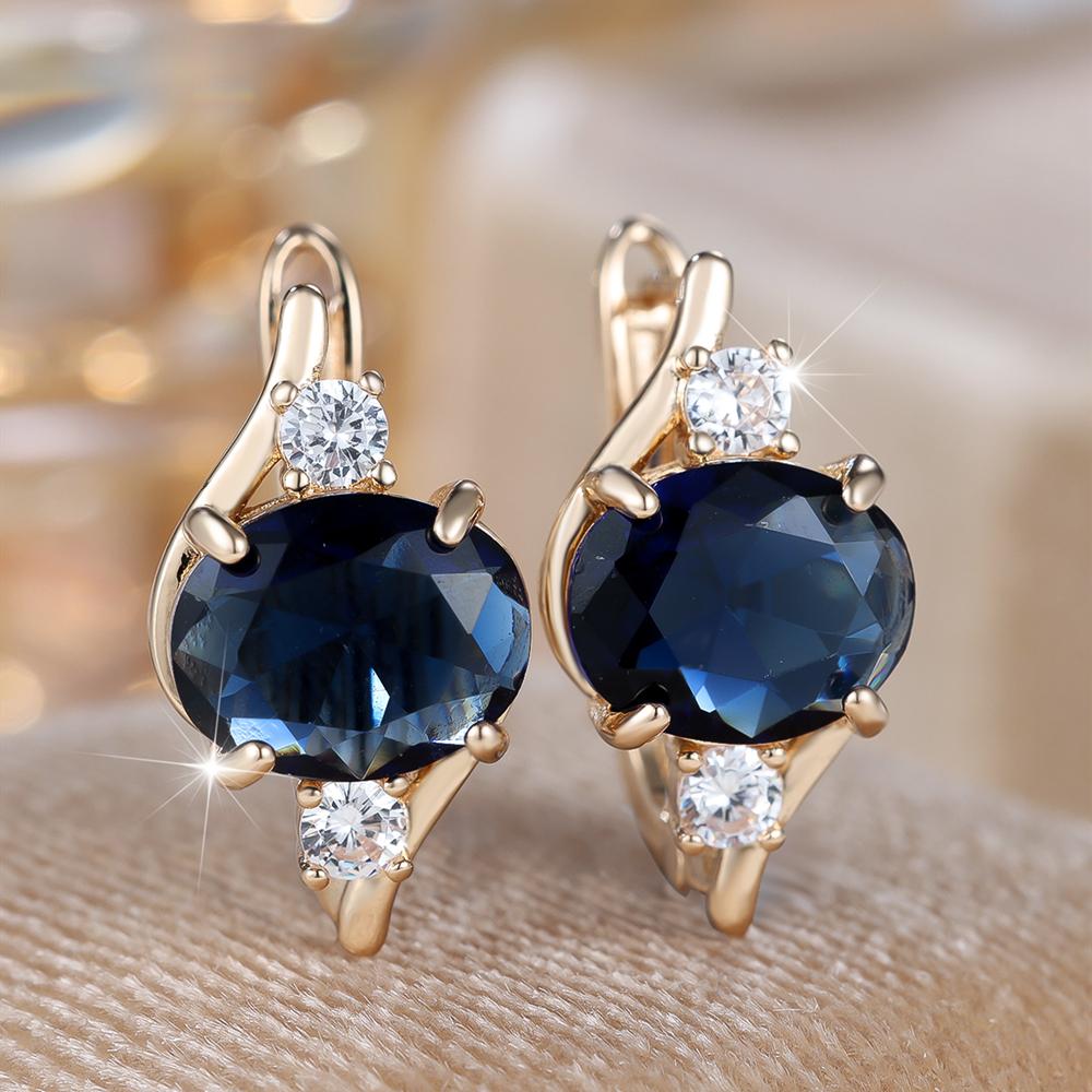 Elegant Oval Blue Zircon Drop Earrings for Women Gold Color Wedding Party Jewelry Gift