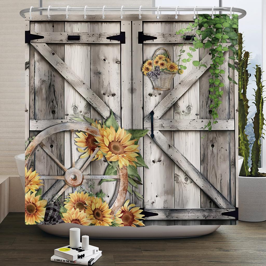 Retro Wood Door Shower Curtain Farmhouse Country Vintage Farm Barn Wooden Waterproof Polyester Shower Curtain for Bathroom Decor