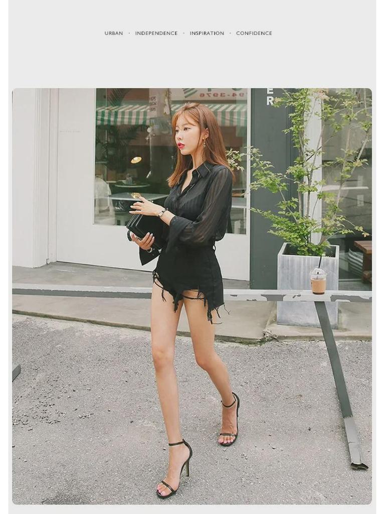 Chic Black Sheer Chiffon Shirt - Stylish and Sexy 2023 Mature Fashion Top
