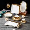Gold Rim Ceramic Dinnerware Set: Round Steak Plate, Special Cutlery, Wedding Tray, Soup Bowl, Square Fish Plate, and Flat Plate.