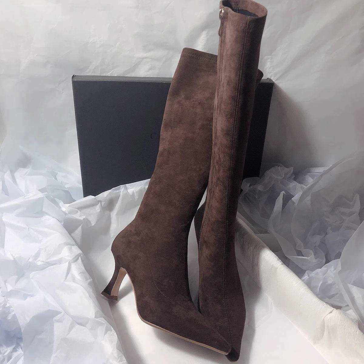 

Korean version of simple long boots high tube but knee elastic boots women s small size thin boots side zipper pointed high heel fashion boots 34 светло-коричневого