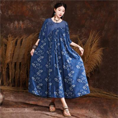 Chinese Style Disc Buckle Print Dress Summer Woman Loose Splicing Cotton Half Sleeve O-Neck Dress
