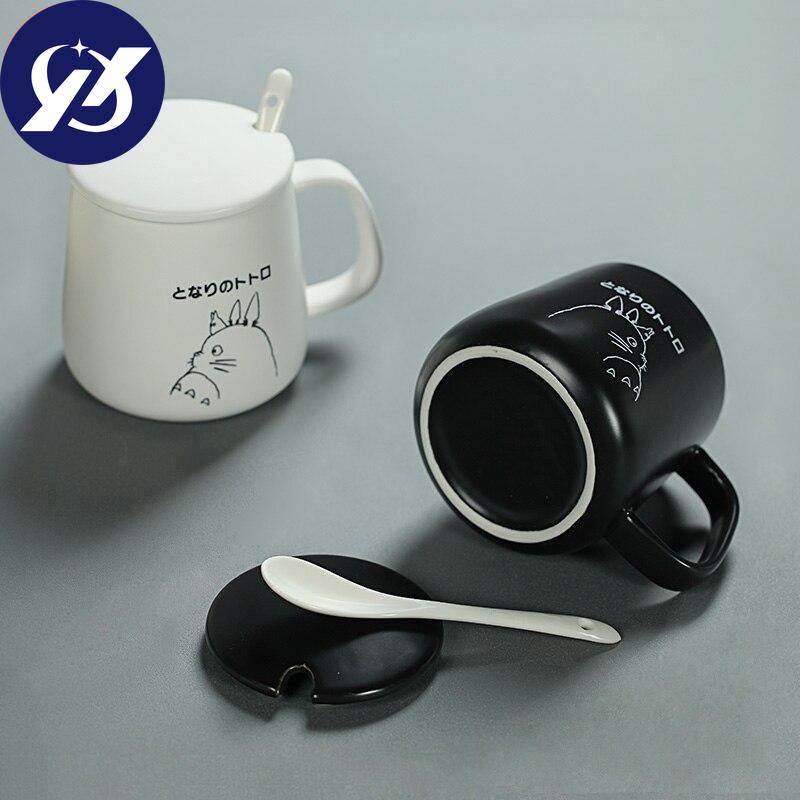 Japanese Style Totoro Coffee Mugs for Lovers Creative Milk Cup with Lid and Spoon Office Simple Ceramic Water Tea Cup Drinkware