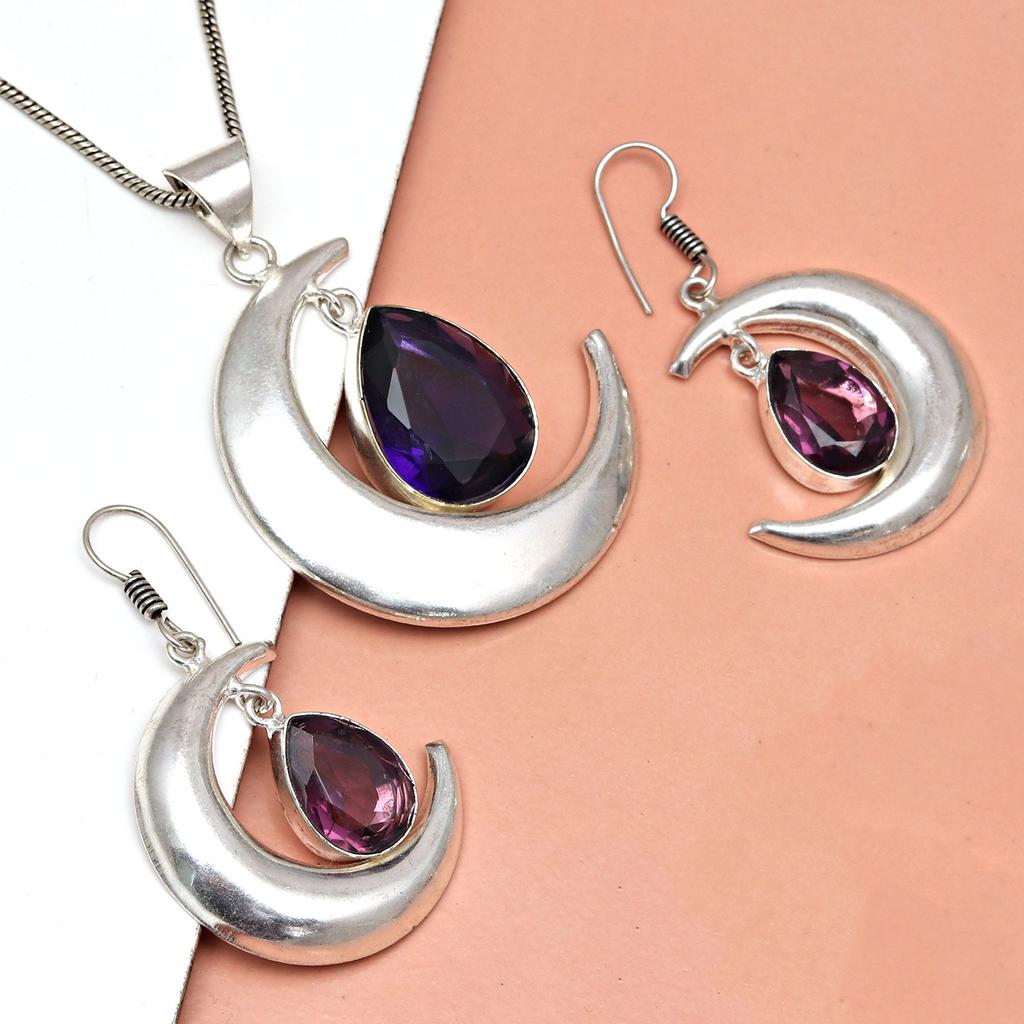 Set Amethyst Anhänger Ohrringe Mädchen Ohrring Halskette Sterling