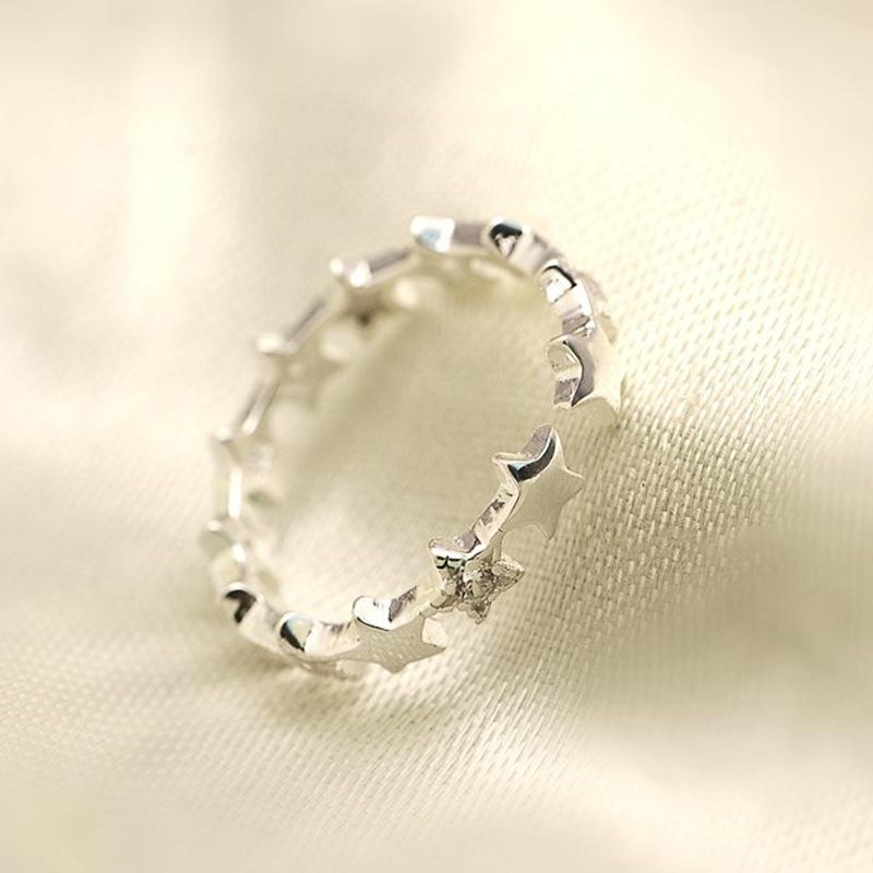 Silver Plated Star CZ Eternity Band Ring, Dainty Openwork Star Stackable Ring for Women