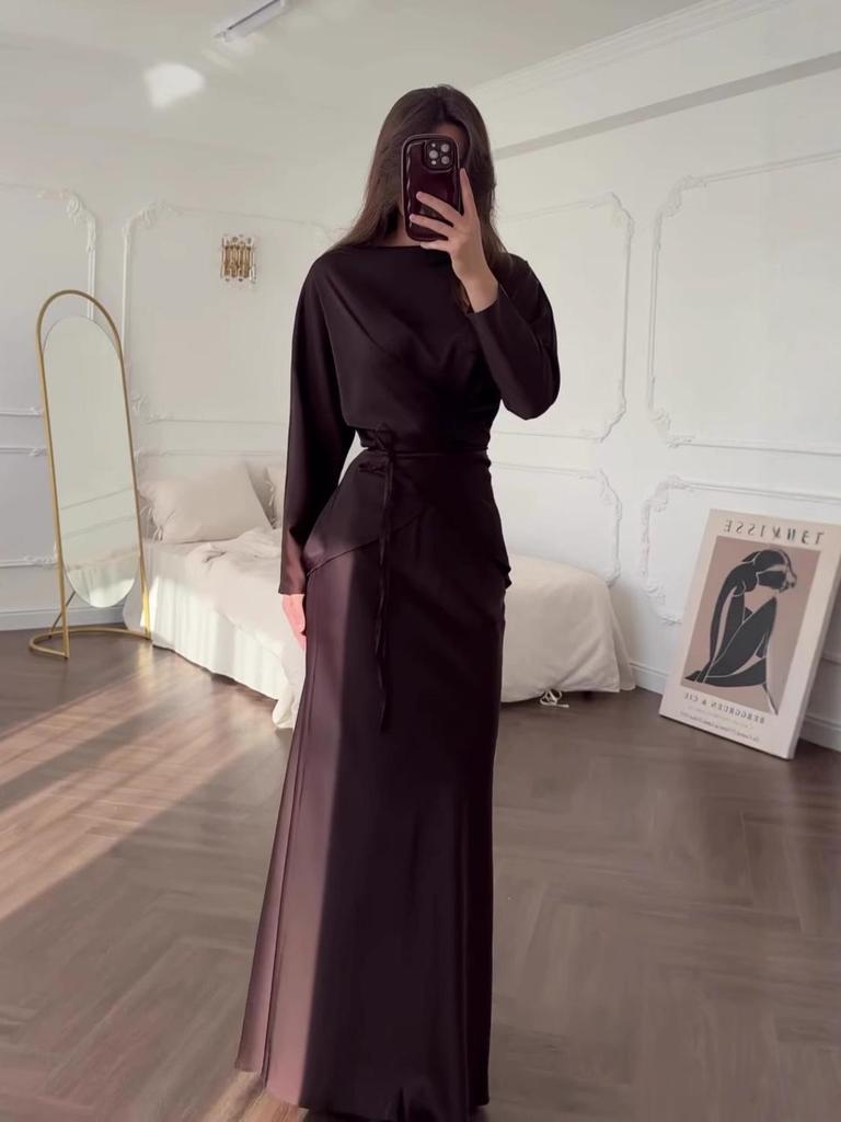 Damen Casual Mode Langarm Taillenbetonendes Oberteil & Fishtail Rock Set - Einfarbige