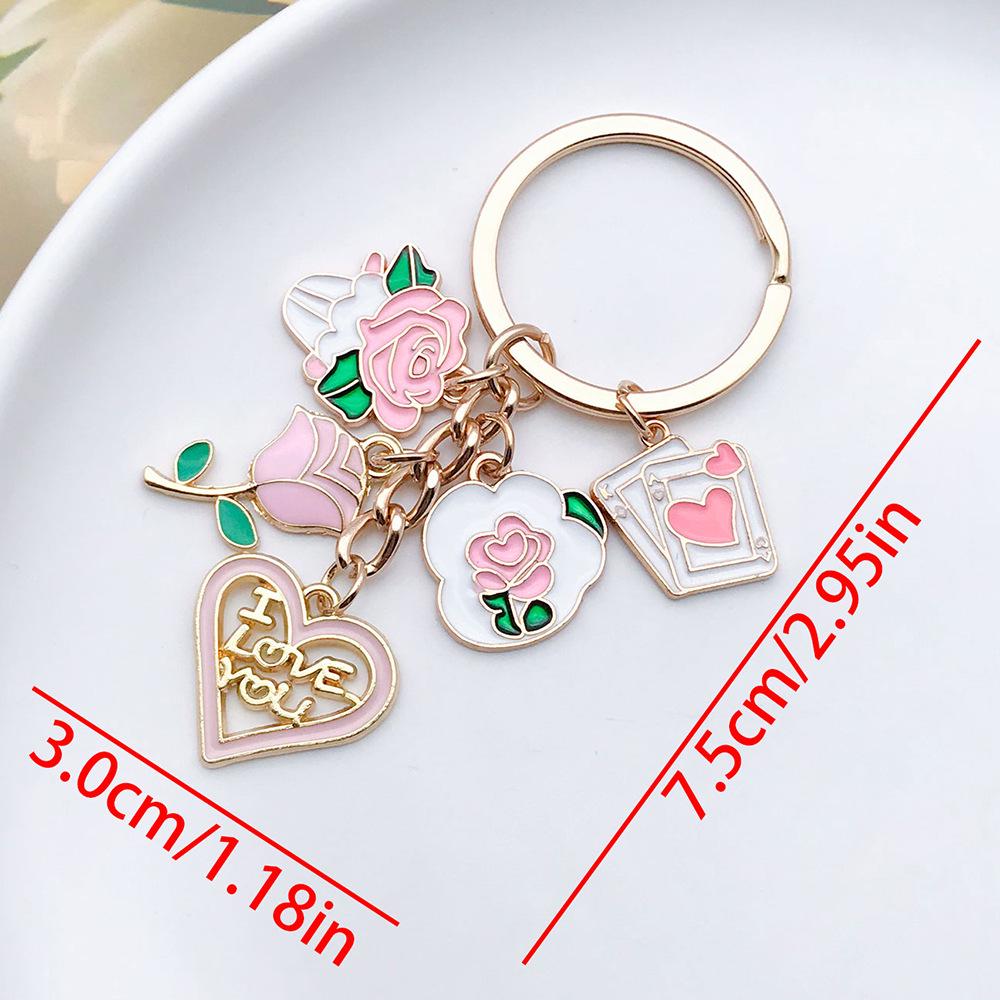 White Pink Rose Heart LOVE Card Drip Oil Keychain - Creative Couples Pendant
