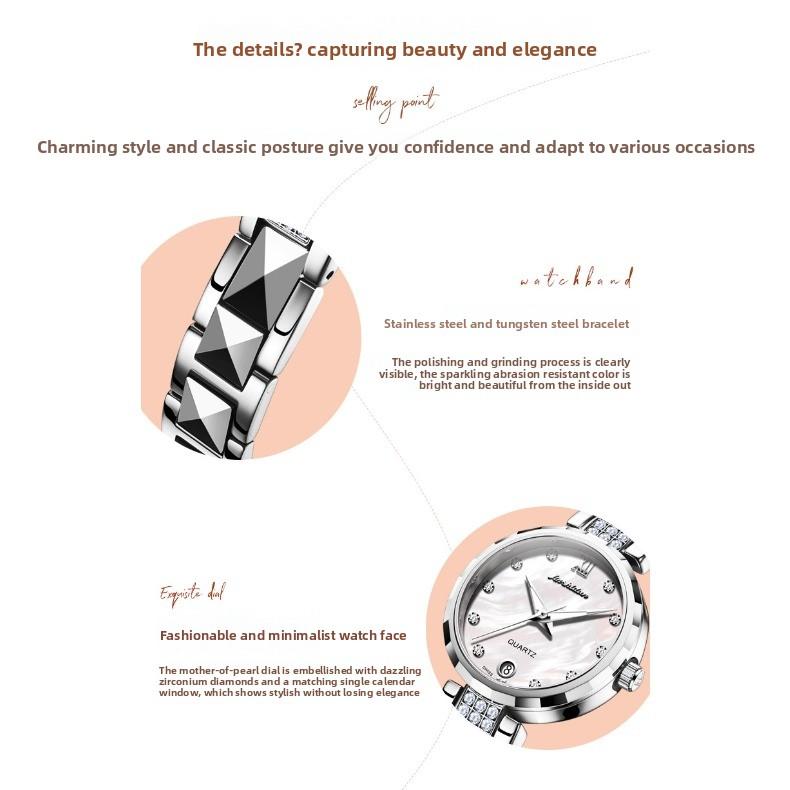 JINSHIDUN Brand Wristwatches, Calendar Tungsten Steel Quartz Watches, Waterproof Ladies' Watches, Women's Watches