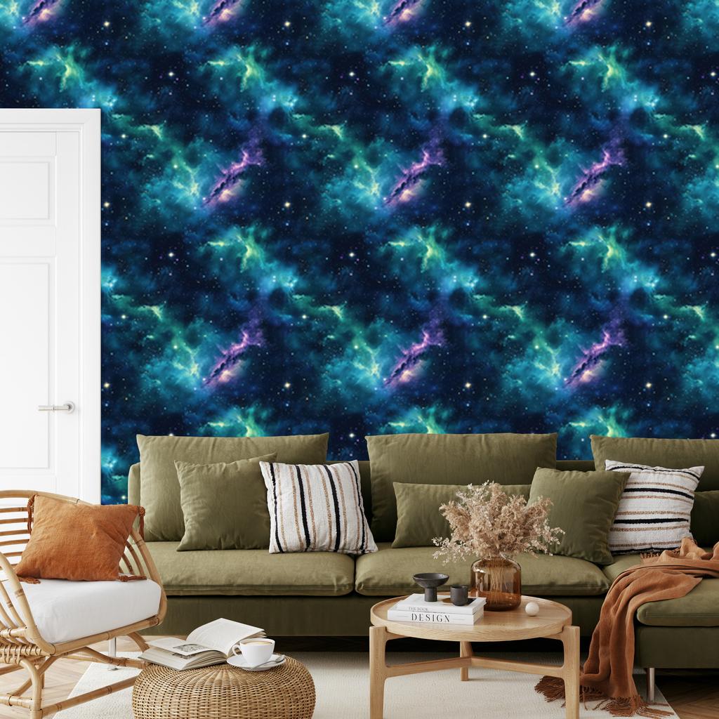 Watercolor Galaxy Wallpaper Navy Blue, Turquoise, Sky Blue and Sea Blue 50x1000