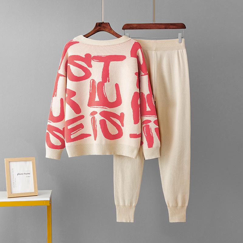 Jacquard Knitwear Three-Piece Set: Cardigan & Pants - Casual Loose Fit