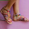 Elegantní Dámské Boho Sandály Gladiator Kožené Ploché Boty S Barevnými Pompony