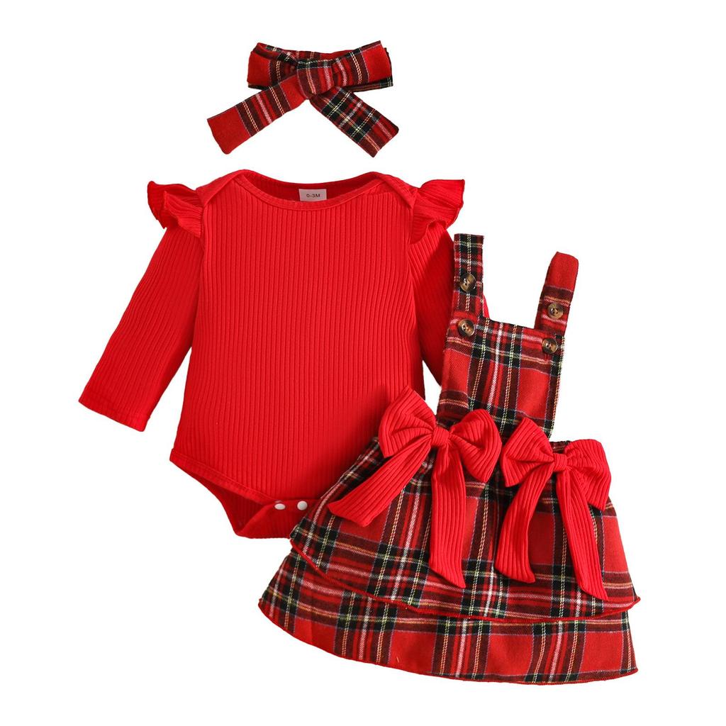 Autumn Baby Girls' Long Sleeve Ribbed Top & Plaid Overalls Skirt Set