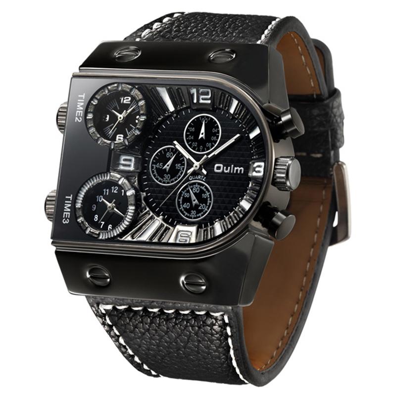 

Oulm Top Men s Watches Mens Quartz Casual Leather Strap Wristwatch Sports Man Multi-Time Zone Military Male Watch Clock Relogios