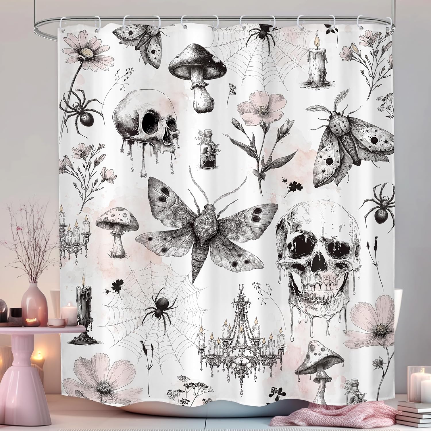 Dunika Chen Pink Gothic Skull Shower Curtain Bathroom Set Halloween Death Head Moth Flower Leaves Spider Scary Witchy Bath Accessories