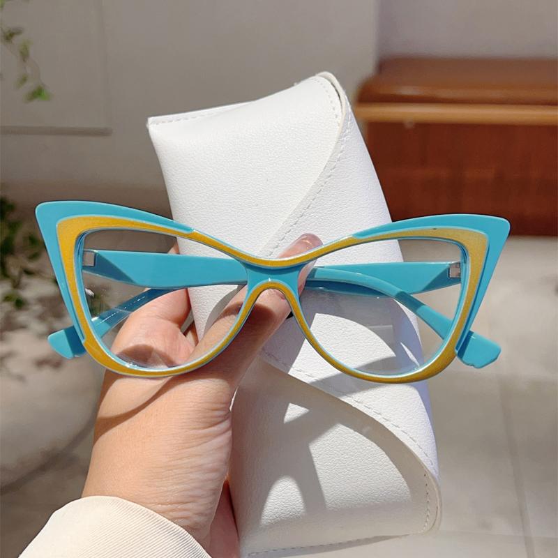 KAMMPT Übergroße Katzenaugenbrille Damen Neue Mode Vintage Patchwork Trend Rahmen Trendig Schick Blaulichtblockierende Brille