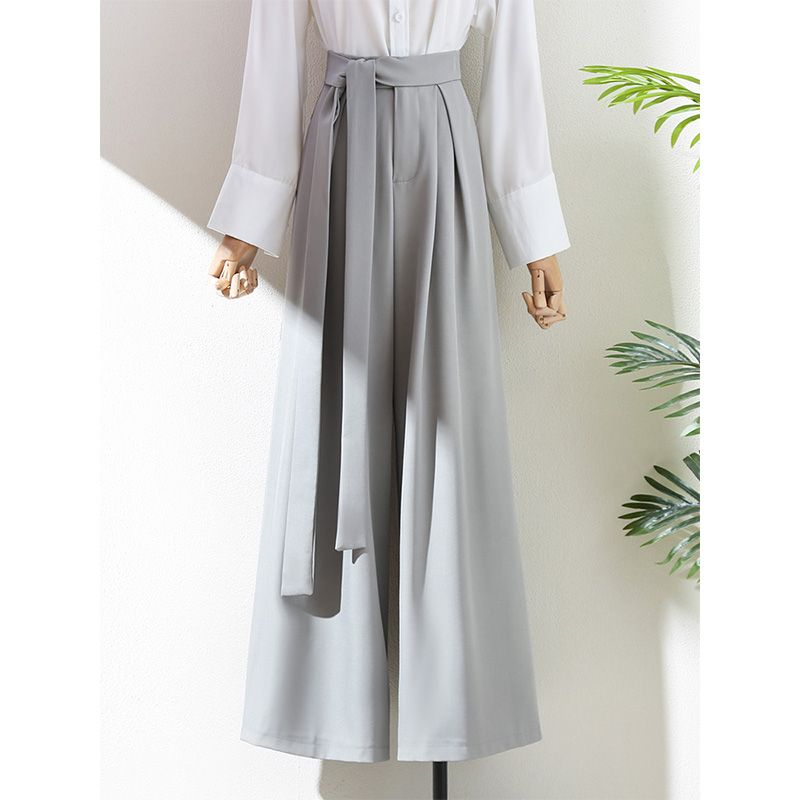 

Design Gray Lace-up Wide-Leg Pants Women 2025 Spring and Autumn New High Waist Drape Straight Casual Suit Pants Greyish green L