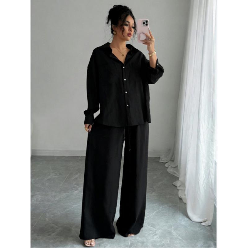 Spring Fashion Plus-Size Women's Two-Piece Set: Linen-Style Shirt & High-Waisted Loose Pants