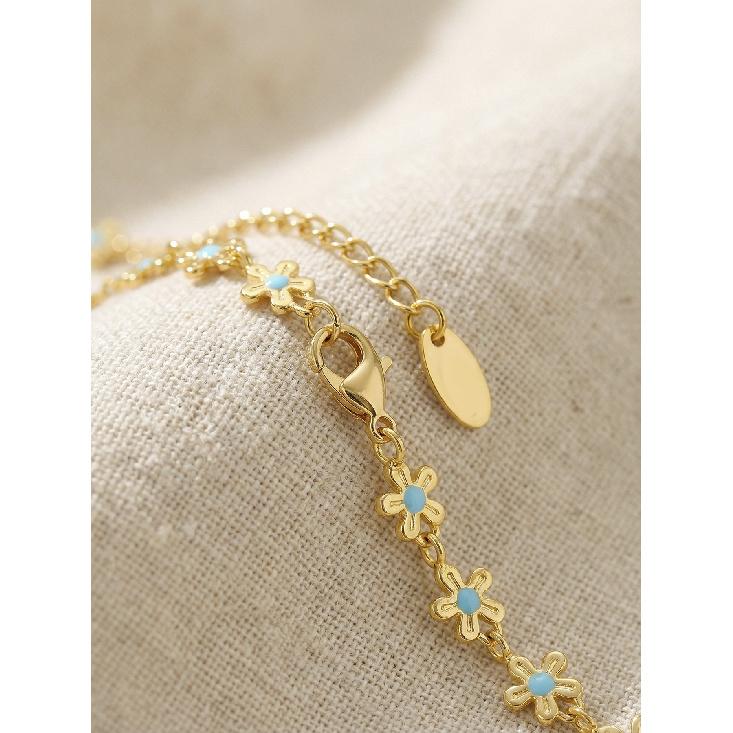 French-style fresh blue oil-drip small flower spliced bracelet, plated with 18k real gold, elegant and sweet hand accessory