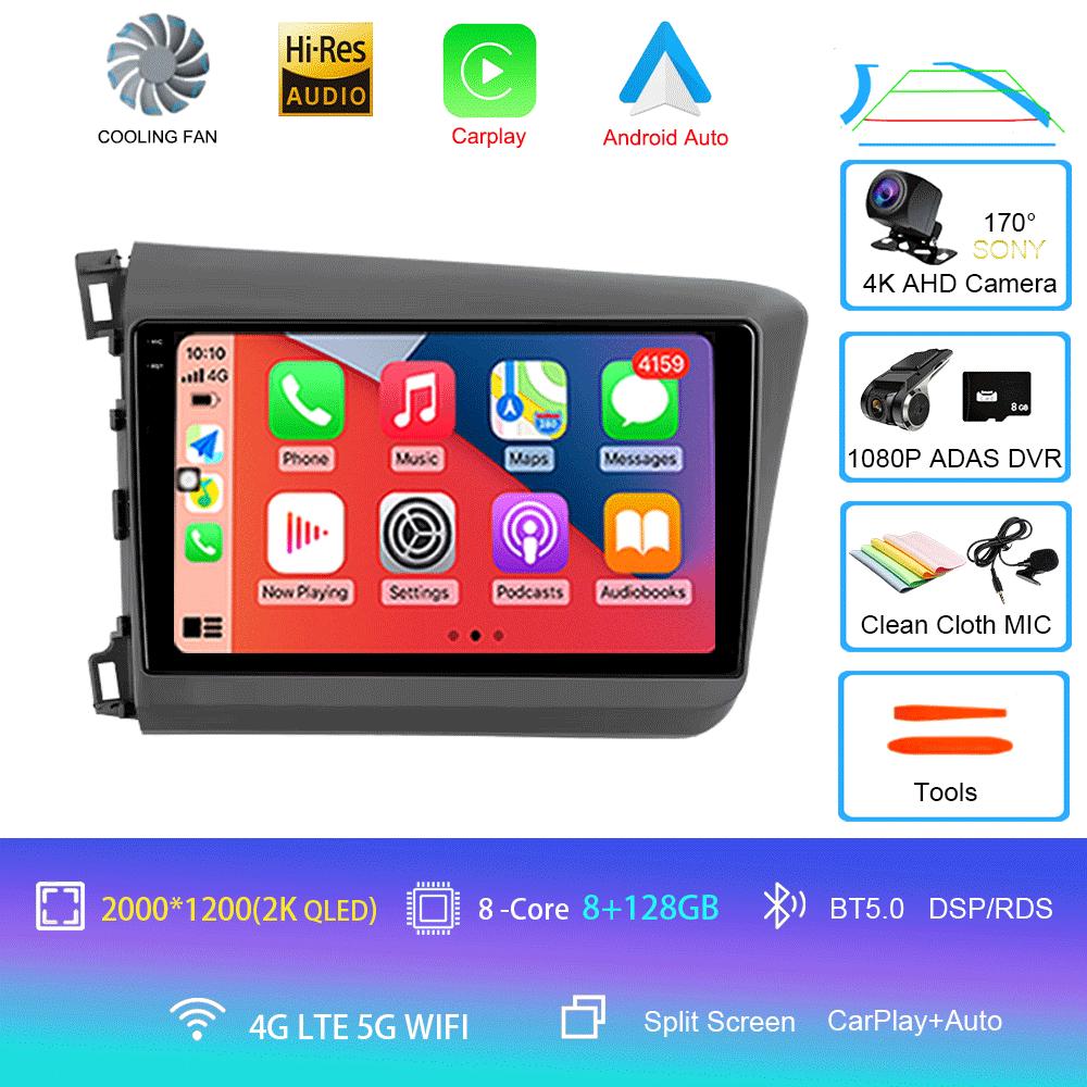 Car Radio Carplay Auto WIFI+4G For Honda Civic 2012 2013 2014 2015 Android 14 Multimedia Player Stereo GPS Head Unit No DVD 2Din